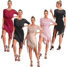 Womens Dancewear Shoulder Outfits Stage Dress Rhinestones Irregular Hem Tassel