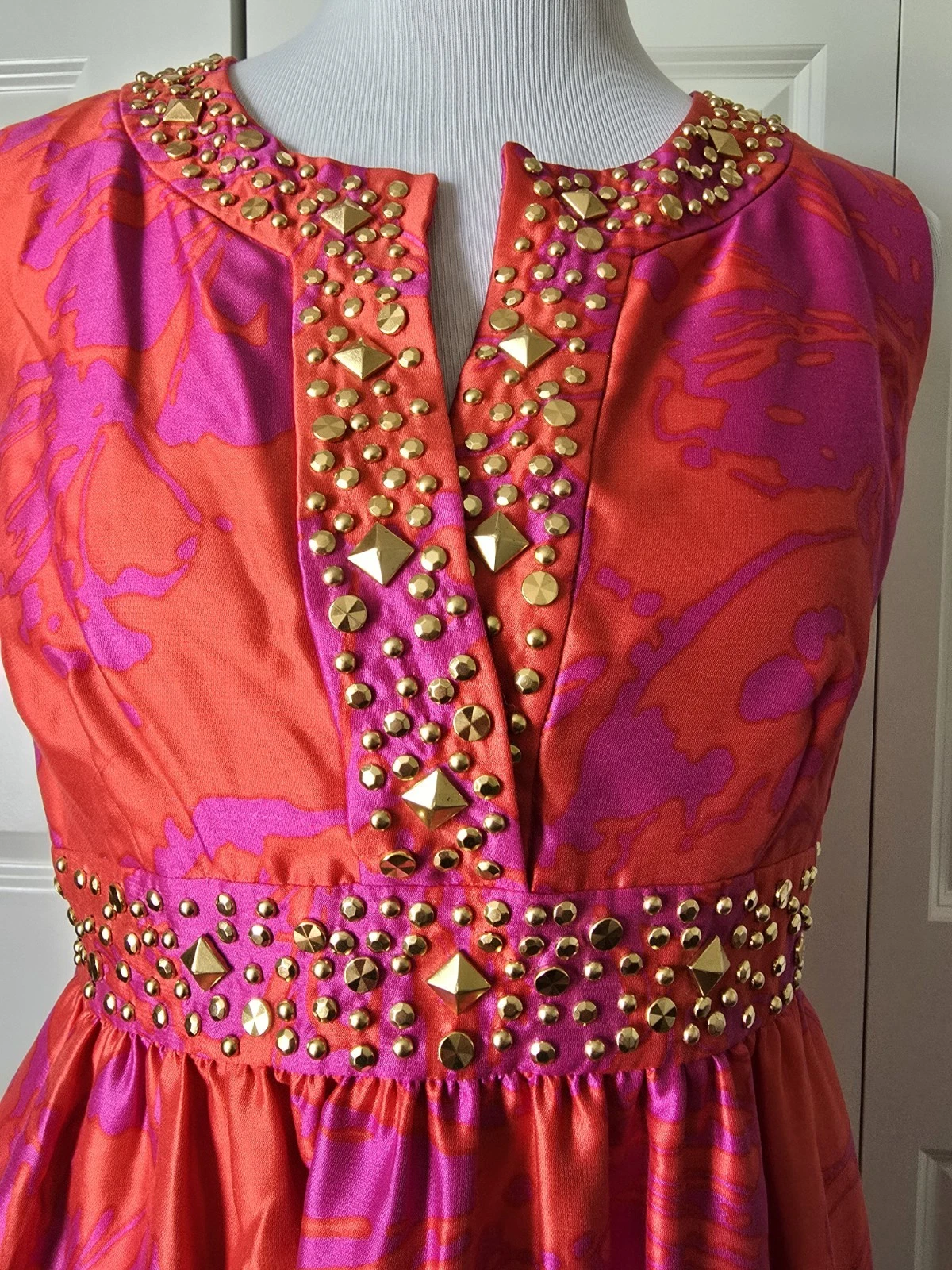 Abito in seta senza maniche Kate Spade New York rosso e viola impreziosito oro taglia 8 us intime ottimeioni