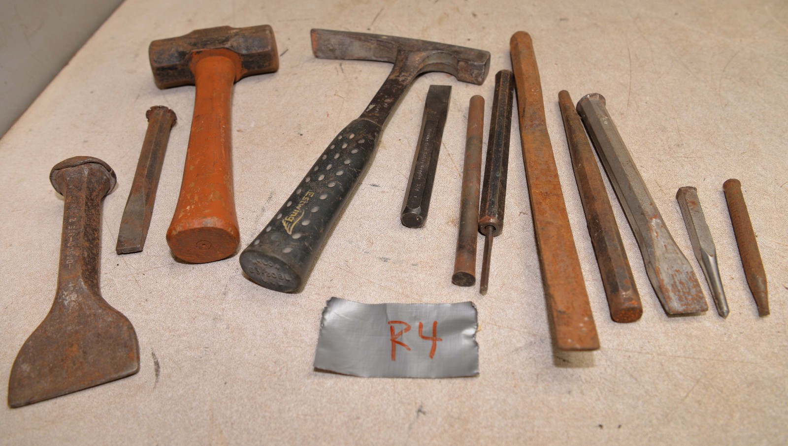 Vintage masonry brick rock carving cold chisel & hammer lot stone mason tools R4