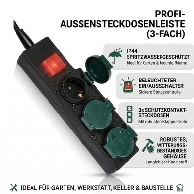 Steckdosenleiste 3-fach Außen Garten IP44 Spritzwassergeschützt Schalter 3m