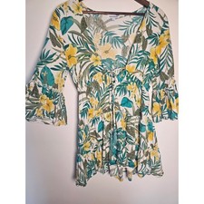 Boho Blue Island Tropical Floral Mini Dress Womens Small swimsuit cover-up