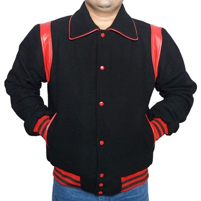 Men's Football Season 2026 Black Wool Red Leather Stripes Varsity Bomber Jacket