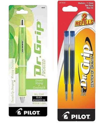 A-3 Pilot Dr. Grip Frosted Pen Med. 1.0mm Green w/ Blue Ink Refill