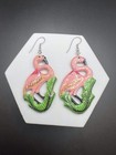 Vintage Hand Painted Wooden Flamingo Dangle Earrings Silver Tone Wires 3”Length — photo 2