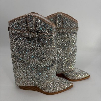 Madden Girl Womens Joe Rhinestone Cuffed Wedge Western Dress Boots Size 6M NWB