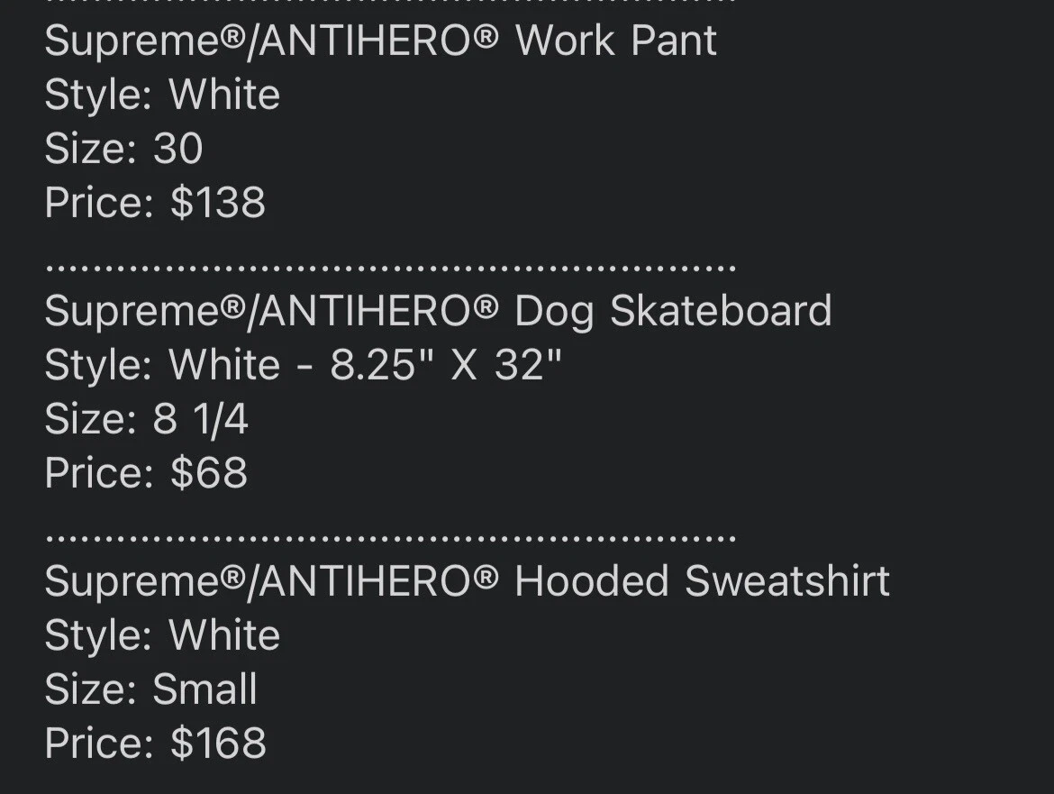 Size 30    Supreme ANTIHERO Work Pant White