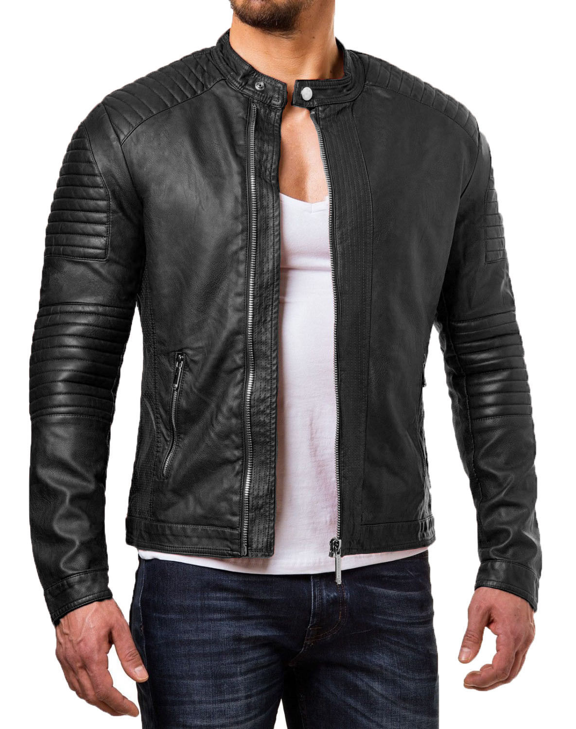 Chaqueta de cuero para motocicleta para hombre Abrigo clásico de piel de cord...