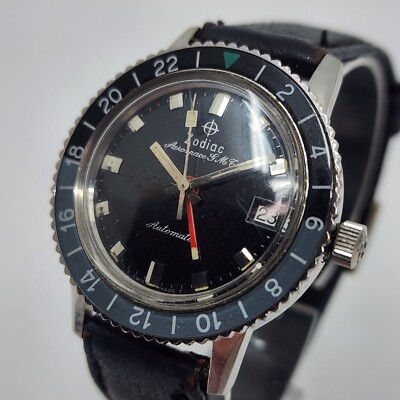 Vintage Zodiac 60s Aerospace GMT Automatic Black Bezel Silver Dial Watch