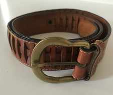 Retro Cognac Brown Leather Weave Belt Brass Buckle Made in Italy Unisex Size 32