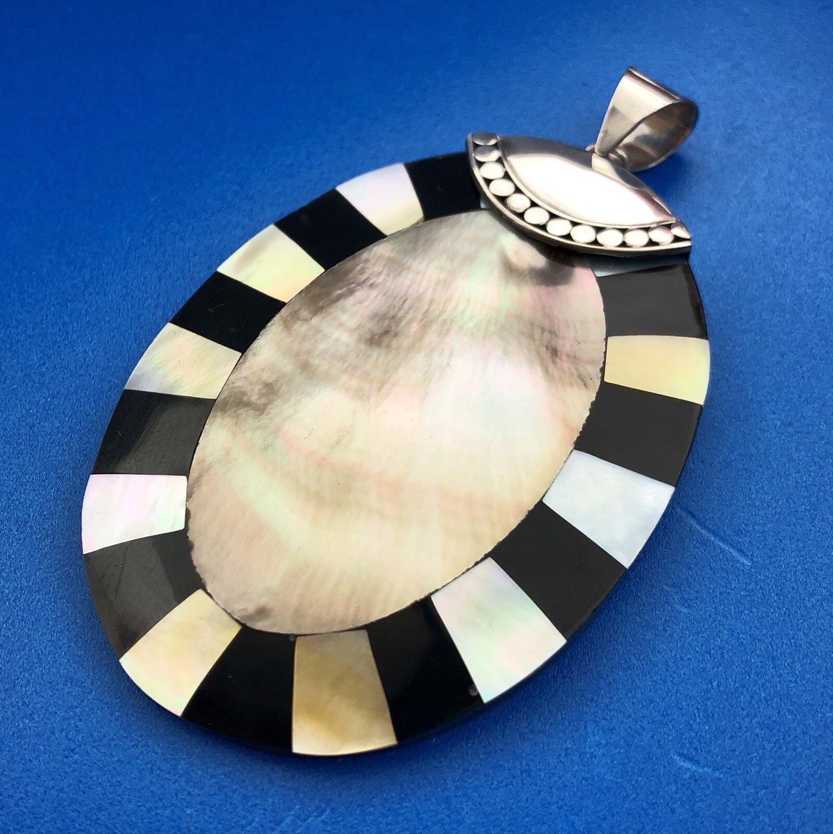 Designer LS Sterling Silver 925 Abalone Black White Statement Oval