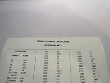 LIONEL  POSTWAR LAMP CHART , 2 SIDES OF INFO