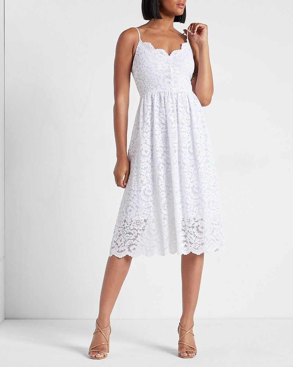 NEW EXPRESS $118 WHITE LACE V-NECK MIDI DRESS SZ XS EXTRA