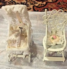 Beautiful Vintage Baby Doll Carriage and Chair White Wicker  Lace