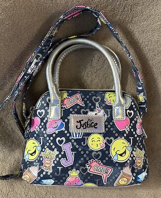 Justice Girls Denim Emoji Holographic Crossbody Satchel Bag Purse Zipper 
