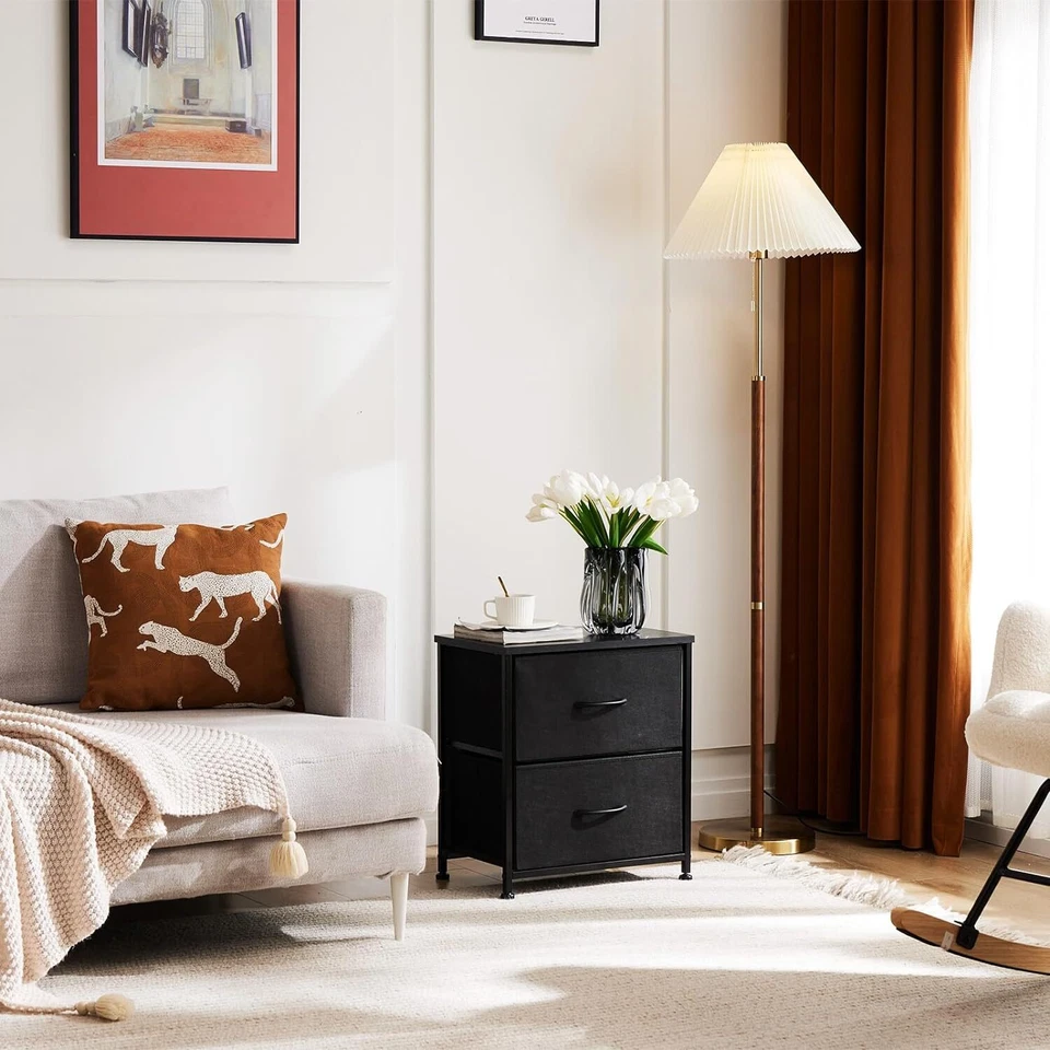 Mesita de noche Mesa auxiliar con 2 cajones de tela Mesita de noche para dormitorio Foto 2 de 4