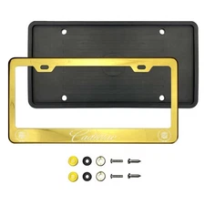 Fit Cadillac Laser Etched Gold StainlessSteel License Plate Frame Silicone Guard