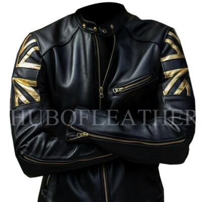Mens Biker Vintage Motorcycle Black Cafe Racer UK Flag Union Jack Leather Jacket
