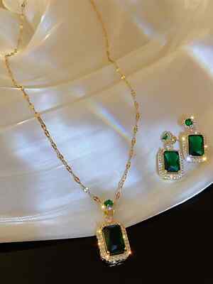 Komplett Strass Gold Kristall Halskette Anhänger Ring & Ohrringe Grün Schmuck Set