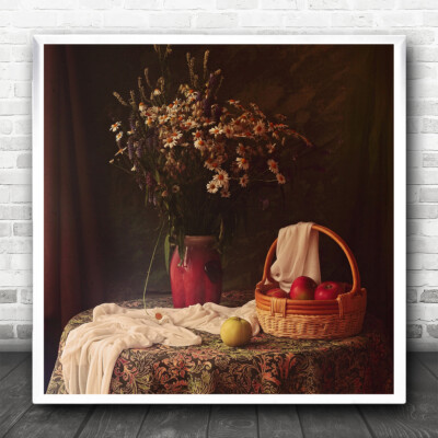 Innendekoration Home Still Indoor Geschirr Blumen Äpfel quadratisch Kunstdruck