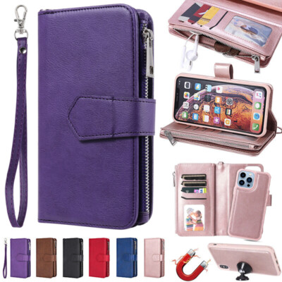 Fr iPhone 17 16e 15 14 13 12 11 Pro Max 8 Detachable Zip Leather Wallet Case-