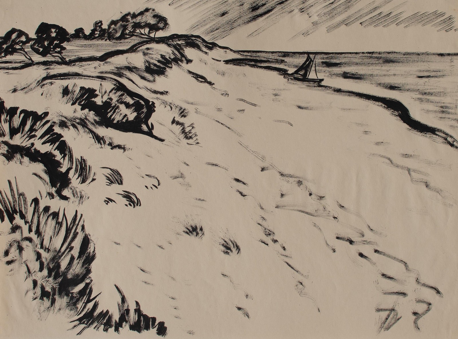 Fritz Zalisz paisaje costero con velero expresionismo firmado dibujo