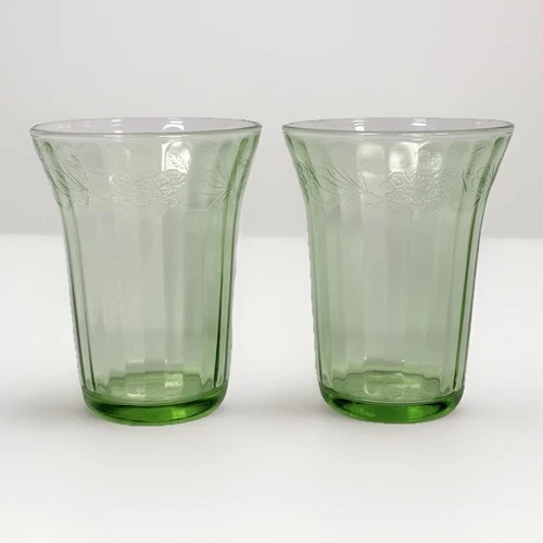 Vintage Jeannette Cherry Blossom Uranium Green Vaseline Glass Drinking Tumblers