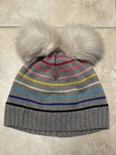 GIRLS BABY GAP KNIT WINTER HAT size M/L DOUBLE POMPOMS STRIPES LINED CUTE
