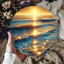1pc Retro Golden Wave Round Aluminum Wall Art - Ocean Sunset Foil Sculpture with