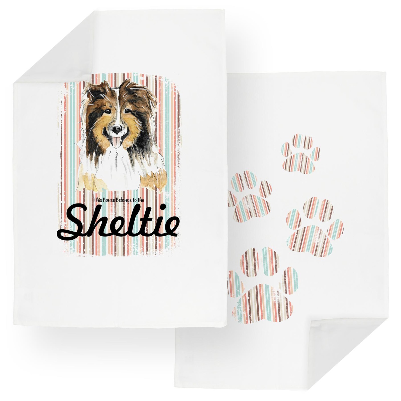 Sheltie Tea Towel Set - Novelty Dogs & Paw Prints Kitchen Linens Gifts