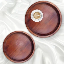 Round Wooden Serving Trays for Coffee Table Set of 2 Walnut Decorative
