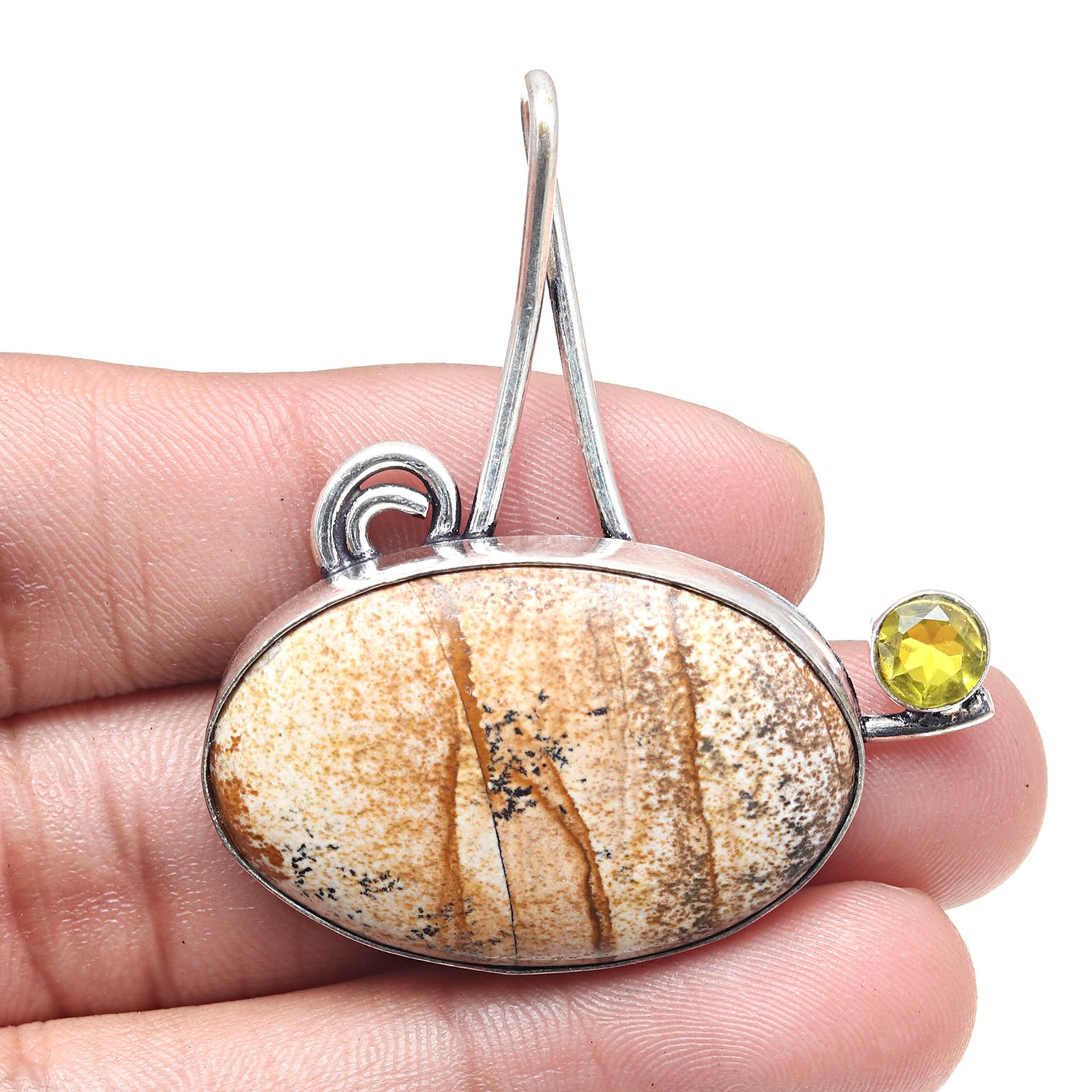 Valentines Day Silver Jewelry with Picture Jasper and Lemon Topaz Gemstone Pendant 2 Inch