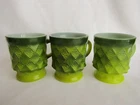 Set Of 3 VTG Anchor Hocking Fire King Kimberly Diamond Point Green Coffee Mugs