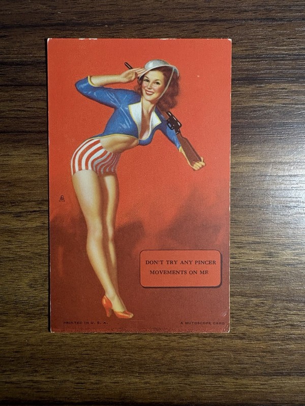 Vintage 1945 Mutoscope Pin Up Card Zoe Mozert Dont Try Any Pincer Movements WWII