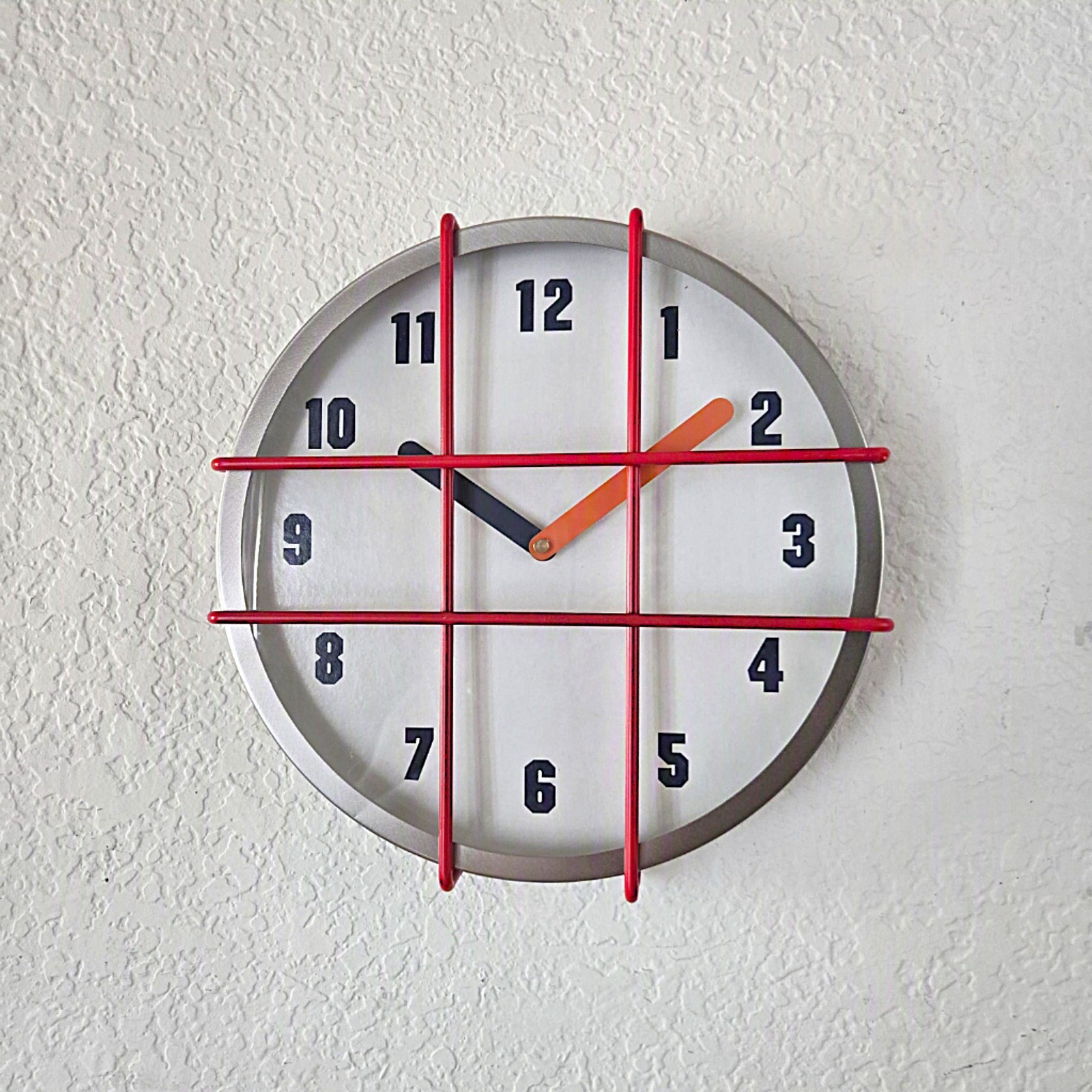 Vintage Memphis Style Postmodern Wall Clock Red Metal Cage Chrome Modern 13"