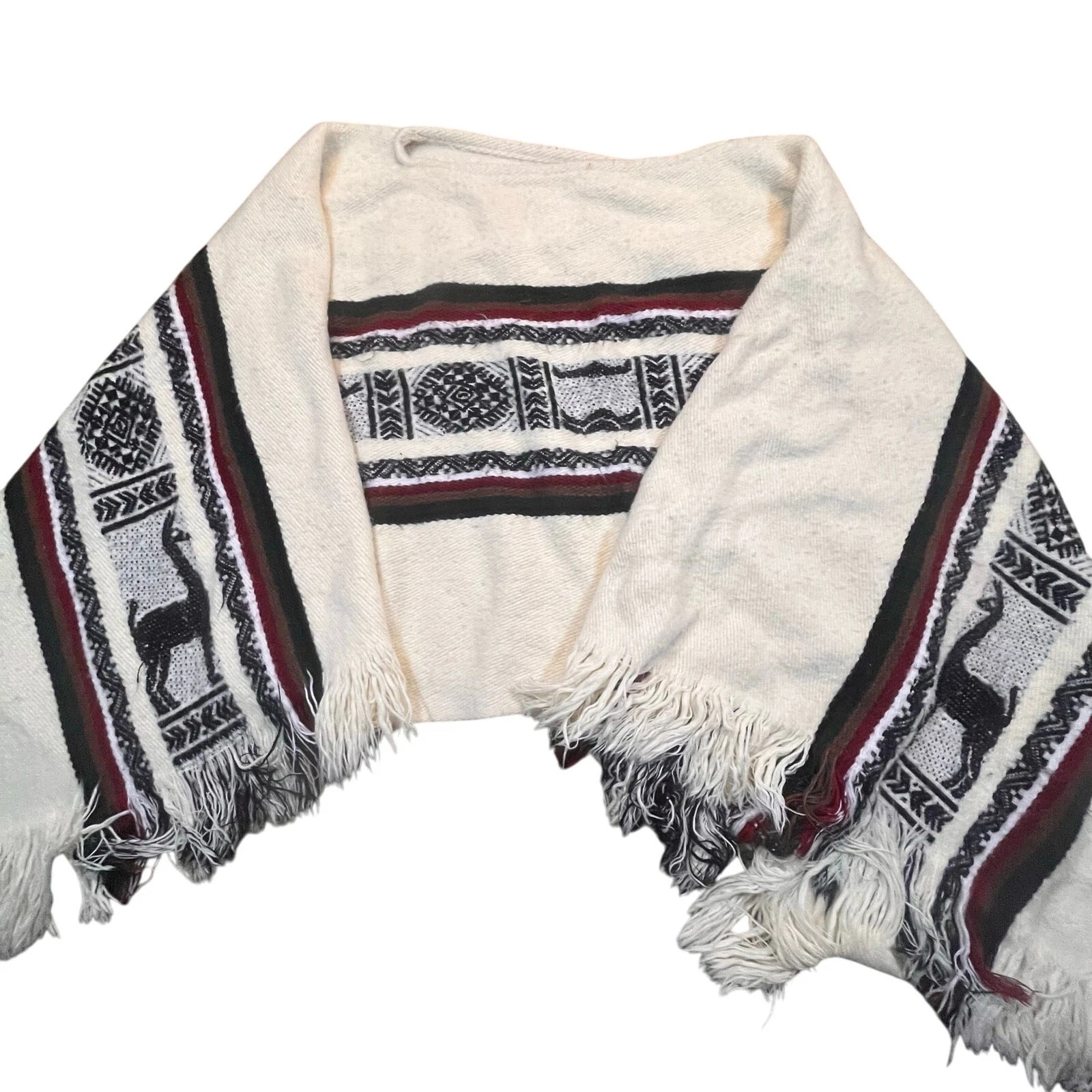 Vintage Knit Poncho Fringe Shawl Llama Pattern Boho Southwestern Cozy