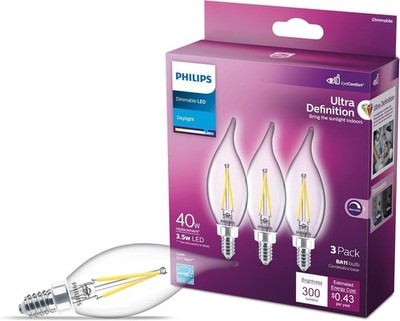 PHILIPS LED 60W BA11 E12 Base 3-Pack Ultra Definition Daylight (5000K) 500 Lu...