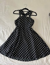 Vintage Handmade Black  White Polka Dot Dress Fully Lined Cross Straps Side Zip