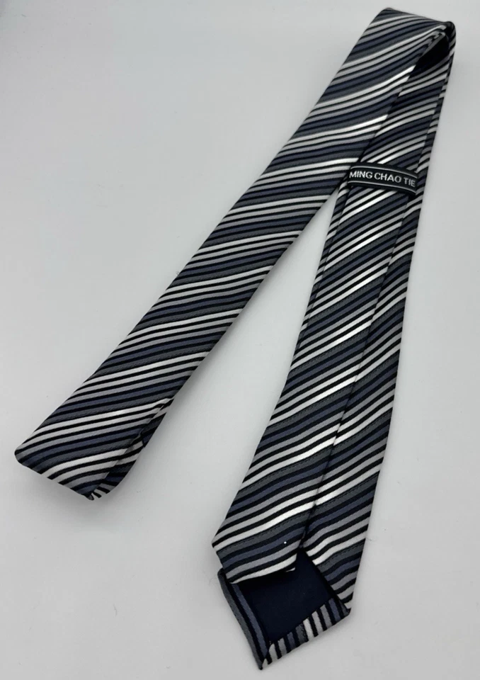 Ming Chao Tie Men's Skinny Classic Striped Tie Blue Grey Black NWOT - Image 2 of 2