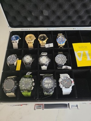 Lot Of 12 Brand New Watches In 18 Slot Hard Case Watch Collection + Pocket Watch