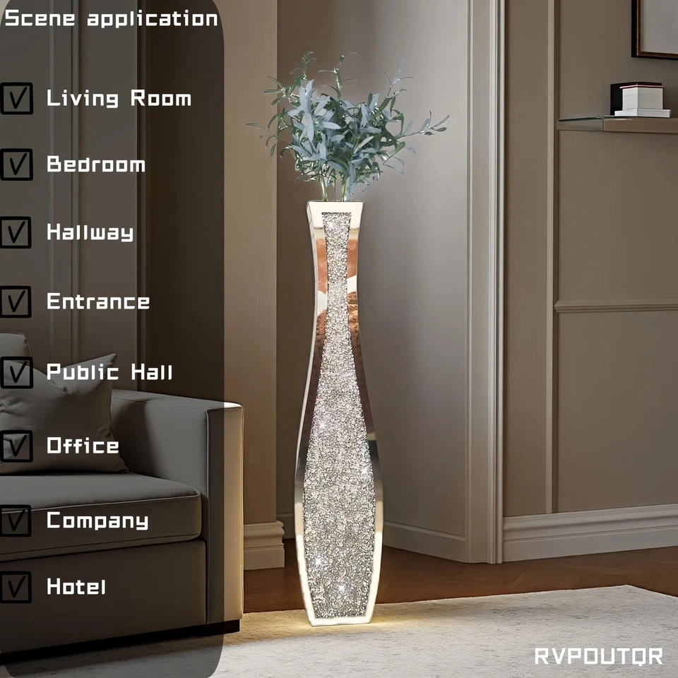 Jarrones de diamantes triturados de doble cara extra altos de 36", jarrón de astilla espejada, piso... Foto 2 de 4