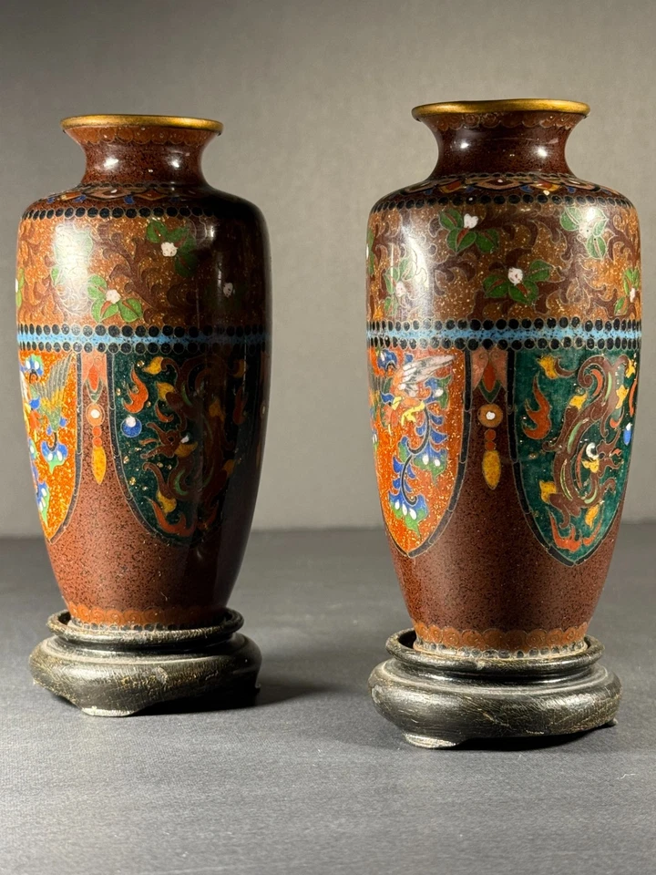 Pair Japanese Meiji Cloisonné Ando Vases c.1900 Birds & Flowers on Wood Bases - Image 2 of 4