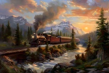 Home Decor Wall Art Steam Train Sunset Landscape Canvas Prints Painting 215