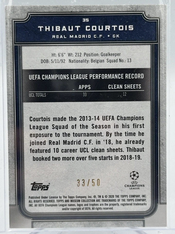 2019-20 Topps Museum Collection UCL Thibaut Courtois #35 Gold Parallel 33/50 - Image 2 of 3