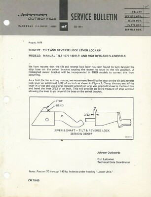 JOHNSON OUTBOARDS 1978 TILT REVERSE LEVER LOCK UP 140HP SB 1481 SERVICE BULLETIN