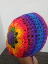 Rainbow Crochet Flower Tam Slouch Hat With Drawstring Handmade One Size