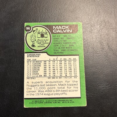 #96 Mack Calvin 1977-78. Topps Cb14-5 denver nuggets