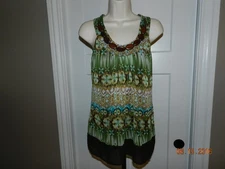 Maurice's Studio Y Tank Top Size S Small Green Brown Wood trim racer back EUC