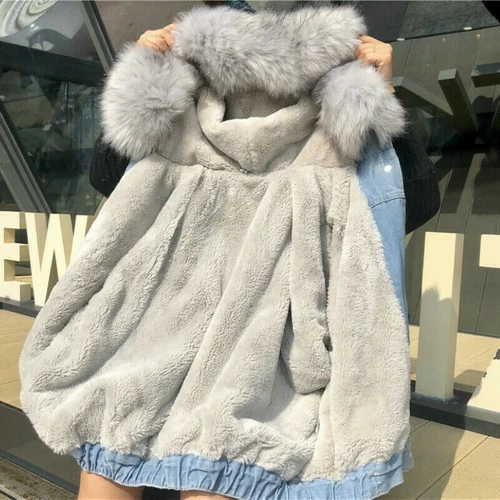 Women Fleece Lined Denim Jacket Coat Thicken Hooded Faux Fur Collar Winter - Picture 2 of 19