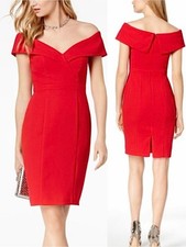 XSCAPE Women’s Off The Shoulder Sweetheart Cherry Red Padded Bust Sheath Dress