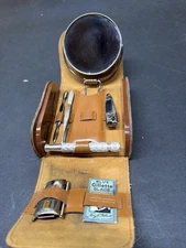 Vintage Gillette Travel Shaving Grooming Kit w/ Mirror & Tools Leather Case